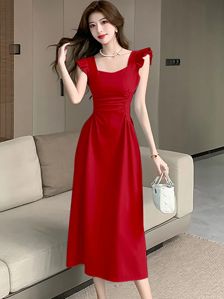 2025 azul chique babados manga voadora midi vestido de verão elegante plissado bodycon gola quadrada vestido feminino coreano vestidos de férias