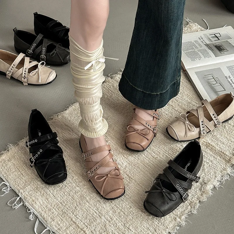 

Women French Retro Single Shoe Design Sense Square Head Cross Buckle Mary Jane Shoes Women Summer Fashion Versatile Ballet Shoes