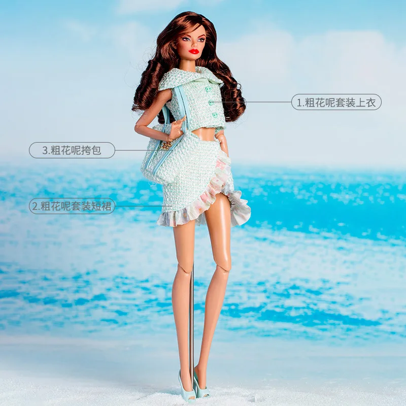 30cm Small Fresh Doll Clothes Island Holiday Fashion Denim Jacket+Pant+Plaid Dress 1/6 Supermodel Doll Everyday Dress Up Set