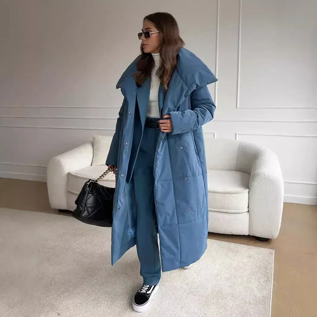 Autumn and Winter Women\'s Cotton Long Coat Elegnt Loose Soft Warm Street Style Stand Neck Belt Windproof Casual Cotton Jacket