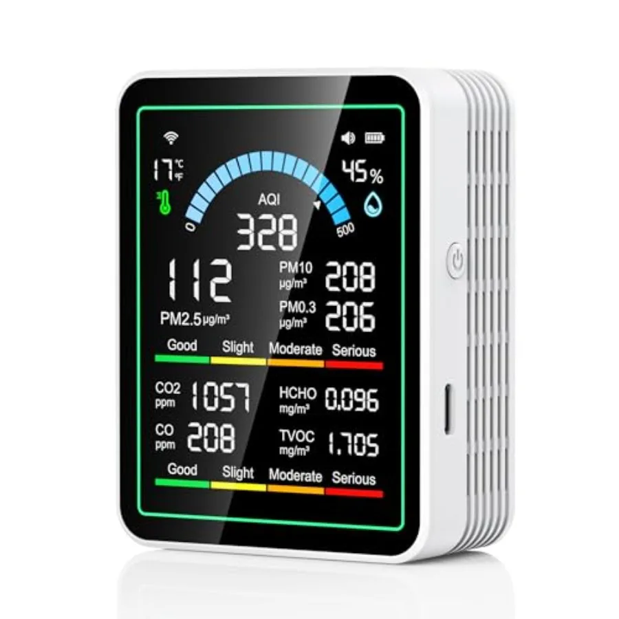 

Air Quality Monitor Indoor 10 in 1 Portable Smartair Quality Tester for CO2 CO TVOC HCHO Temp AQI PM0.3-1 Detection Suitable fo