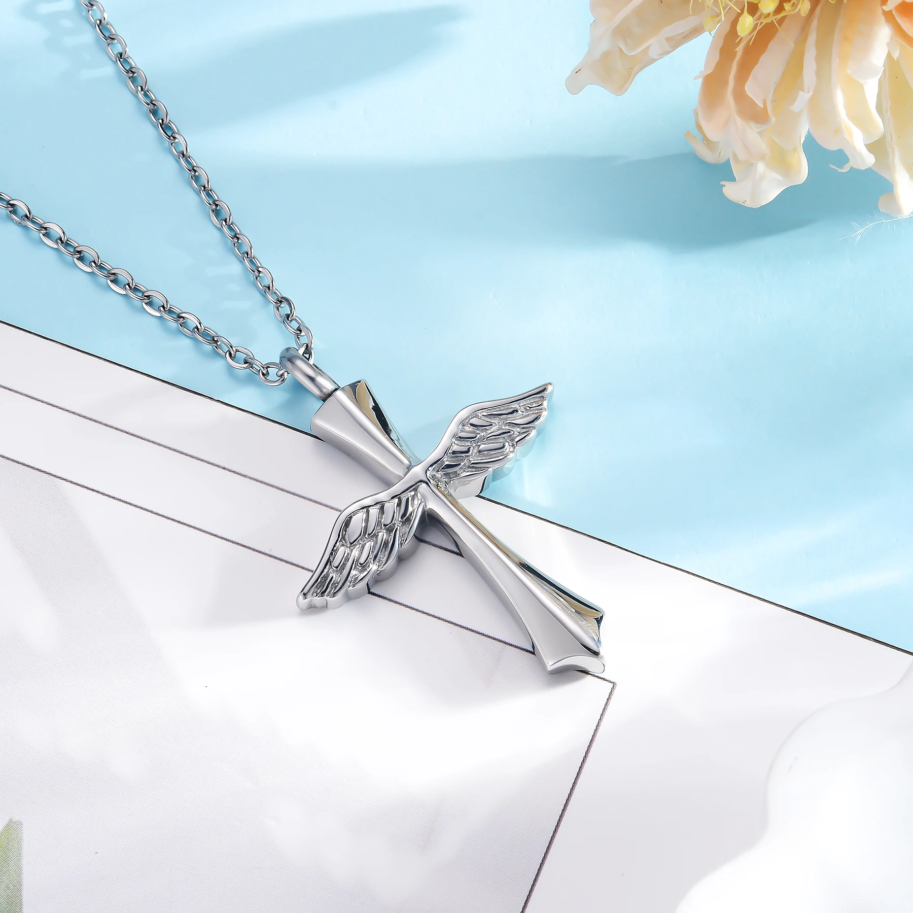 Klassische Kreuzflügel-Urnenkette für Asche, Gedenk-Anhänger aus Edelstahl, Halskette, Dropshipping – Detail 6