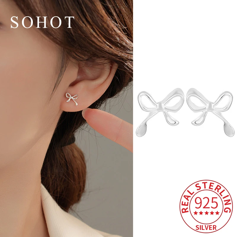 

Real 925 Sterling Silver Minimalist Hollow Bowknot Earrings for Elegant Women Cute Party Fine Jewelry Geometric Accessories