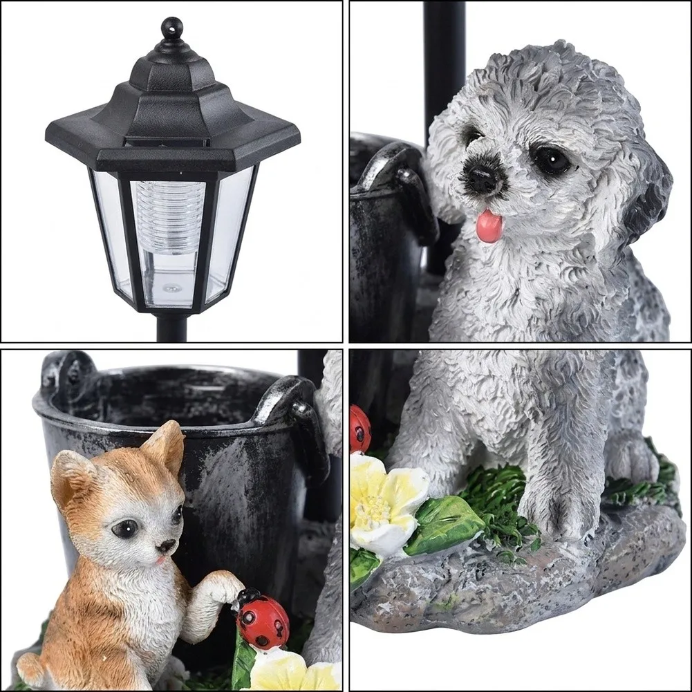 Dog and Cat Solar Light Garden Ornament Made of Resin with Lantern Feature and Planting Groove for Summer Decor