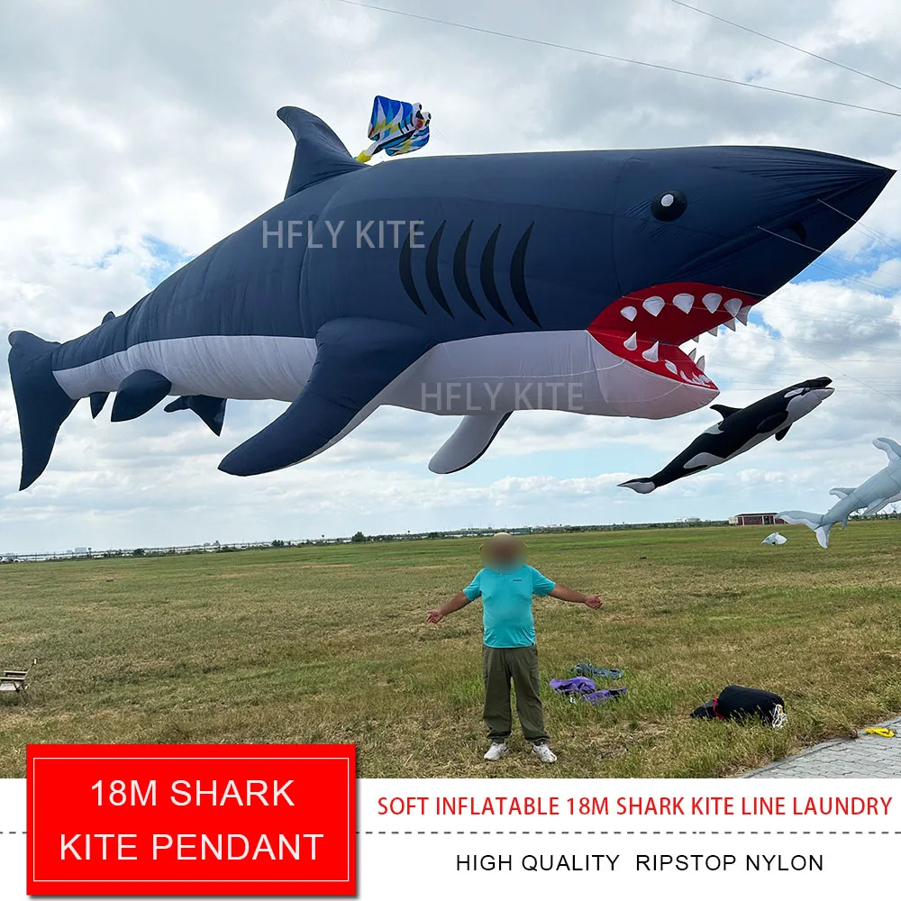 HFLY Nuovo Arrivo Grande Morbido Gonfiabile 18m Shark Kite Linea Lavanderia per Adulti di Alta Qualità Ripstop Nylon Mostra Ciondolo Aquilone