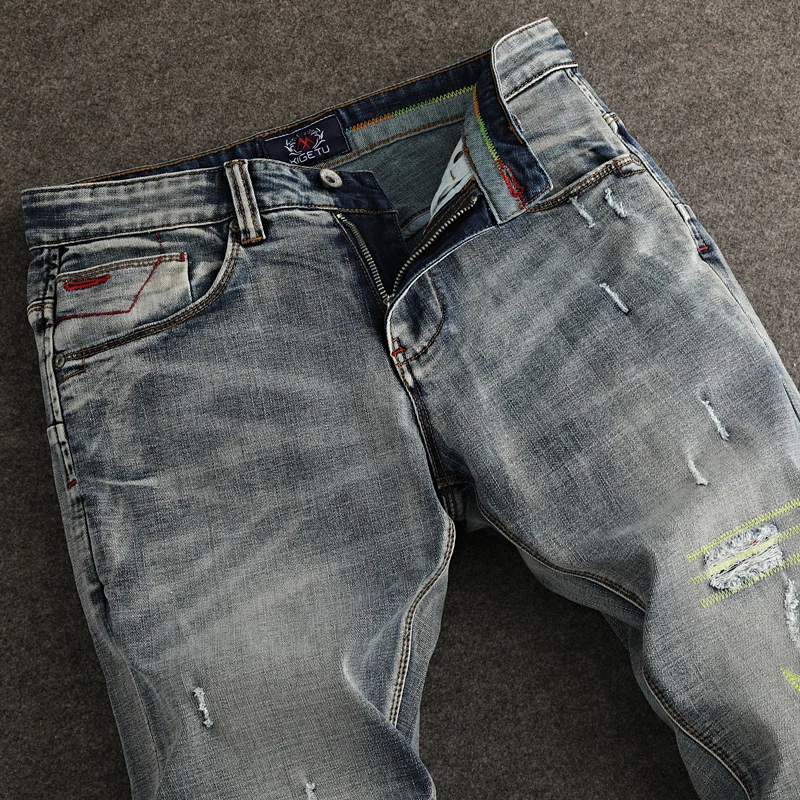 Streetwear Fashion Men Jeans High Quality Retro Washed Stretch Slim Fit Ripped Jeans Men Embroidery Designer Vintage Denim Pants