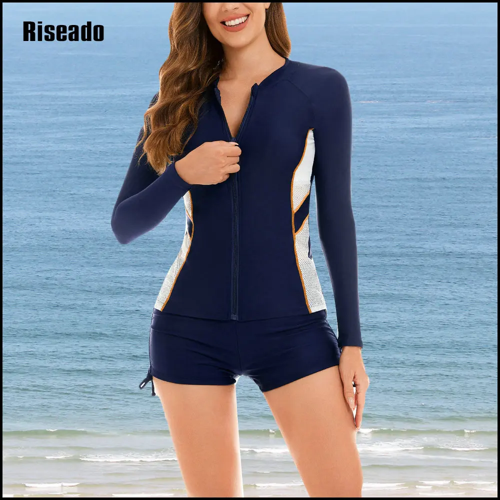 

Womens Rash Guard UV UPF 50+ Long Sleeve Surfing Two Piece Swimsuits with Shorts Tankini Set