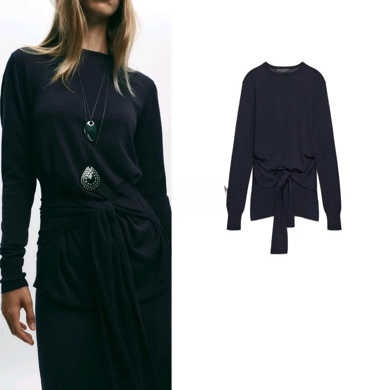 Nova Chegada de Outono: Blusa Fena de Malha Slim Fit com Gola Redonda, Manga Longa e Laço Decorativo – Estilo Britânico M...