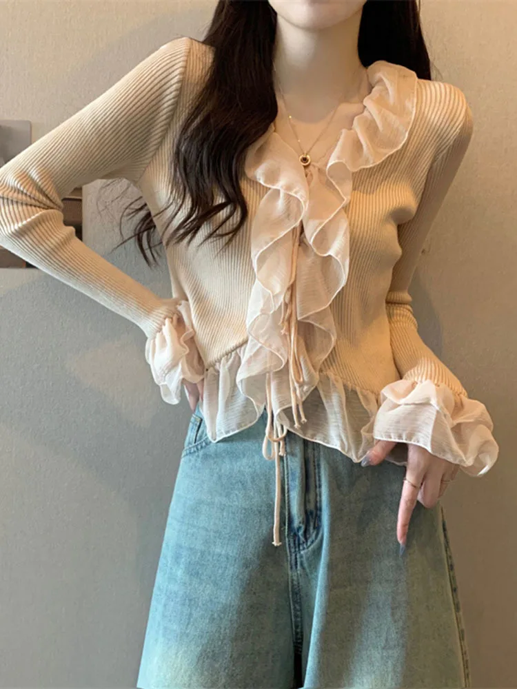 Knitted Sweater Women V Neck Ruffles Flowers Irregular Split Slim Flare Long Sleeve Crop Top Female Elegant Sexy Pullover