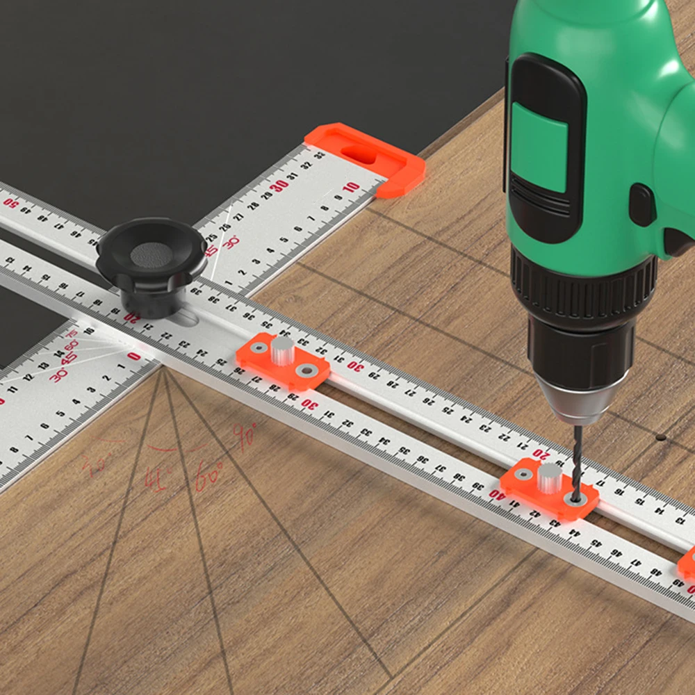 Woodworking 2-In-1 Punching Positioning Ruler T-Shaped Ruler Multifunctional Angle Ruler,Aluminum Alloy Marking Measuring Tool