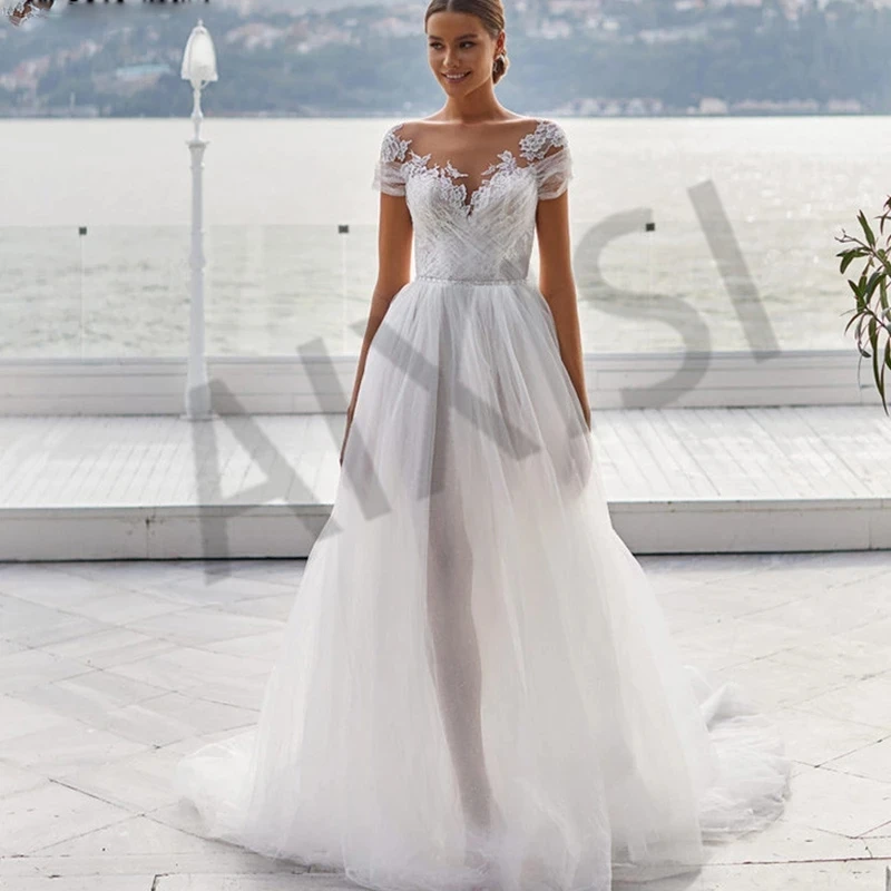 

Wedding Dress White Influsion O Neck Short Slee A-Line Bridle Vestido Tulle Appliques BeadsBelts Emdifferent Wedding Dress