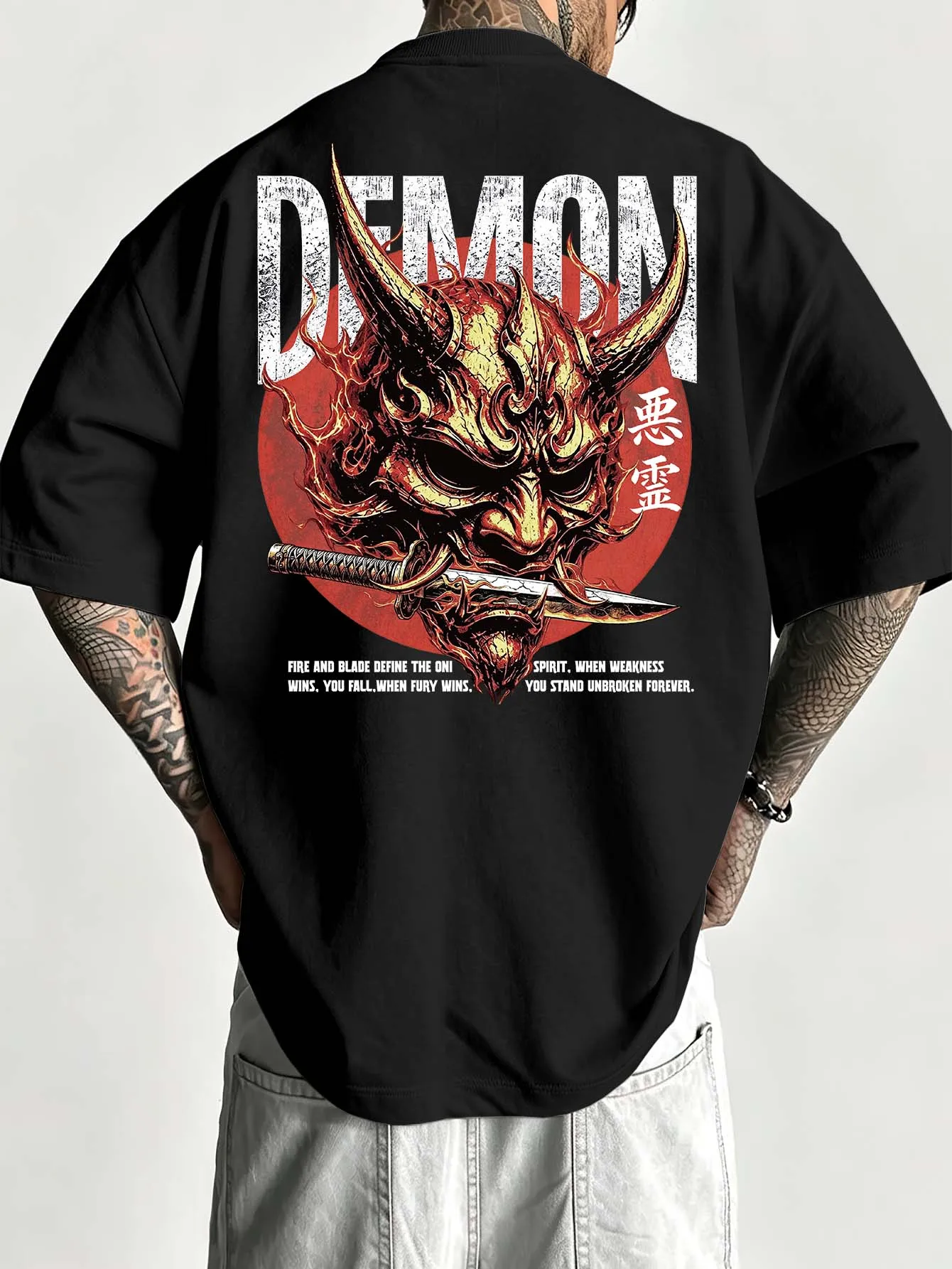 Men Japanese Oni Mask Samurai Sword Back Print Oversized T‑Shirt Polyester Loose Streetwear Short Sleeve Tee S‑2XL
