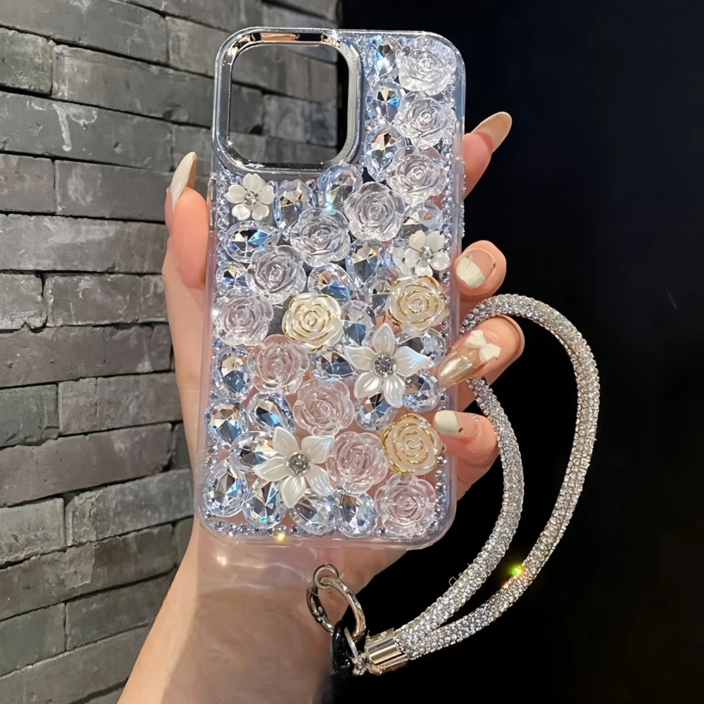 Con cordino di lusso 3D camelia strass Bling cassa del telefono per XiaoMi RedMi Note 14 Pro Plus 14S 13 12 Turbo 4G 5G copertura