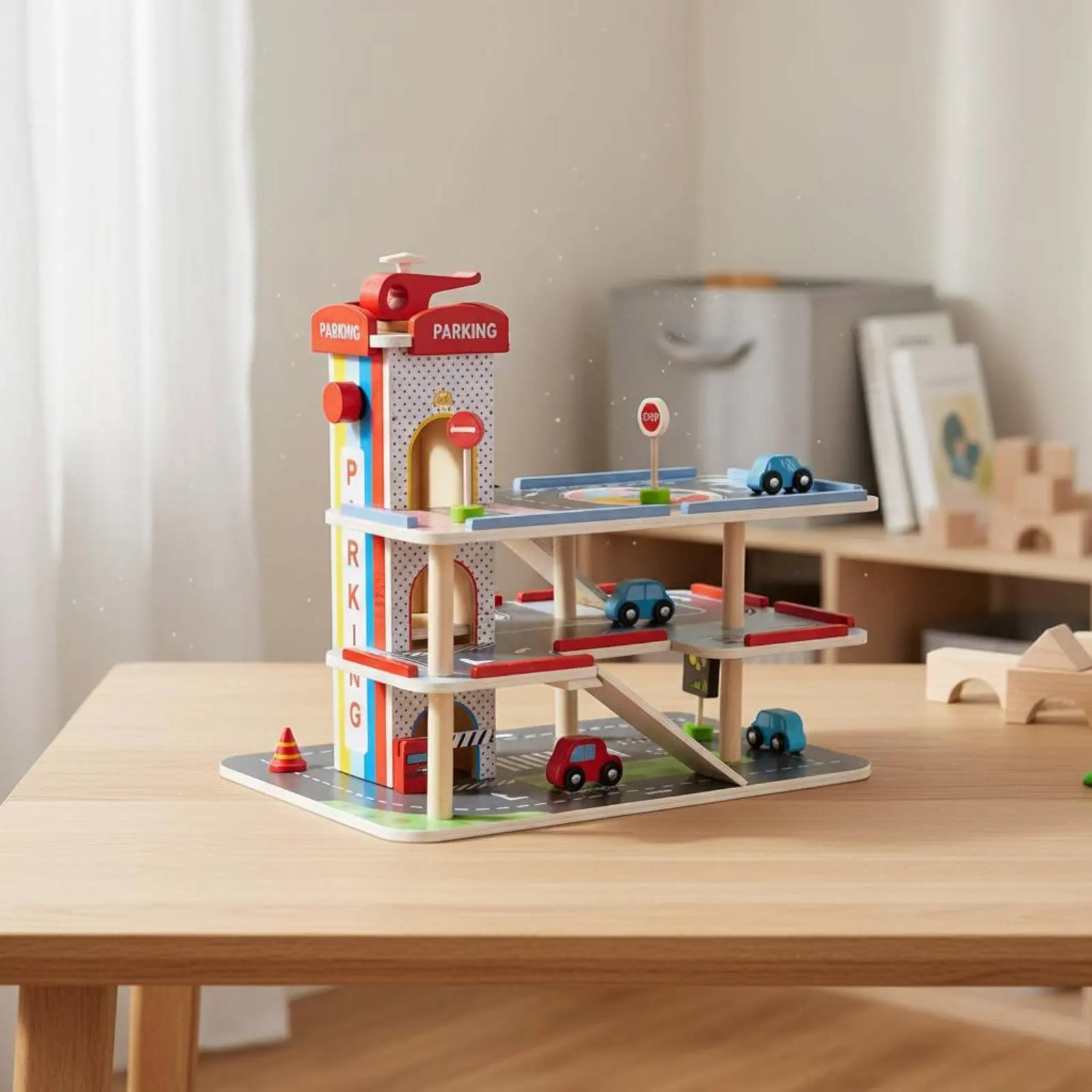 

3tier Toy Car Garage Interactive Play Wooden Parking Center Wooden Parking Garage Vehicle Playset for Children, Playroom