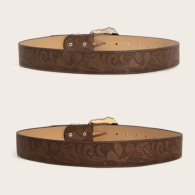 Western Brown PU Leather Vintage Belt Female Cowgirl Waist Belt with Metal Caved Buckle 3set Designer Belts For Women Jeans