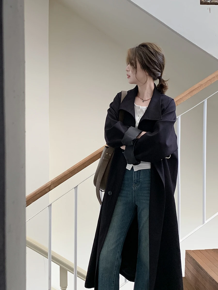 

ELINSU Long Over-Knee Women's Coat High Quali Bla Ele Spring Autumn Outerwear Casual Commute Loose Fit Full Sve