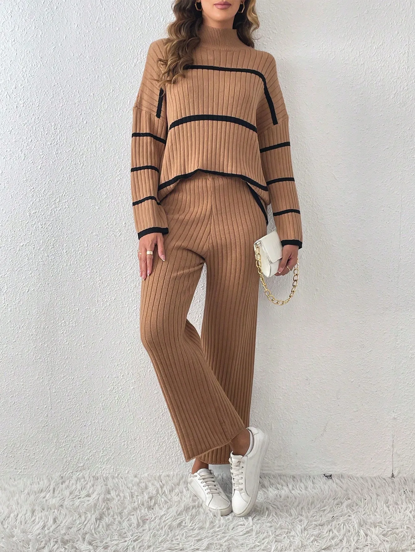 Women Sweater Set Knitted Two Piece Pants Set Elgant Ladies Outwear 2024