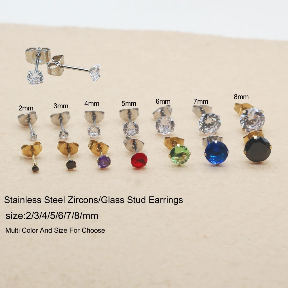 

Minimalism Classcial Stainless Steel With Multi-Colored AAA Zircons Push Back Stud Earrinngs For Men Women 2PC Delicate Jewerlry