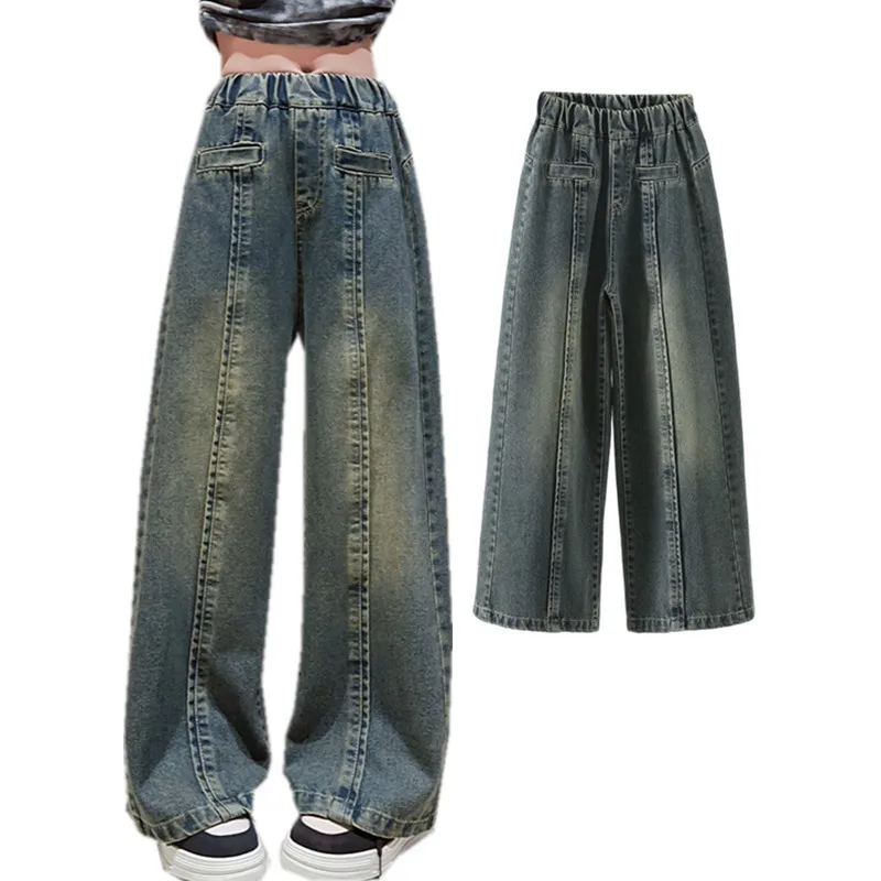 

High Quality Child Patchwork Jeans American Vintage Kids Clothes For Teenager Girl Blue Jeans Fashion Retro Wide Leg Denim Pants