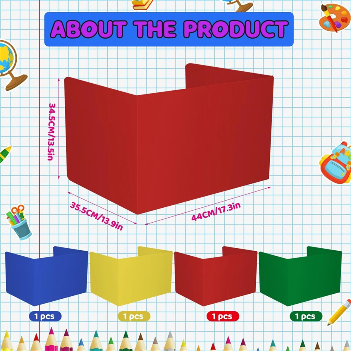 ADP-4 Pack Colorful Privacy Floders for Student Desks - Plastic Erasable - Testing Dividers for Classroom - Easy Clean