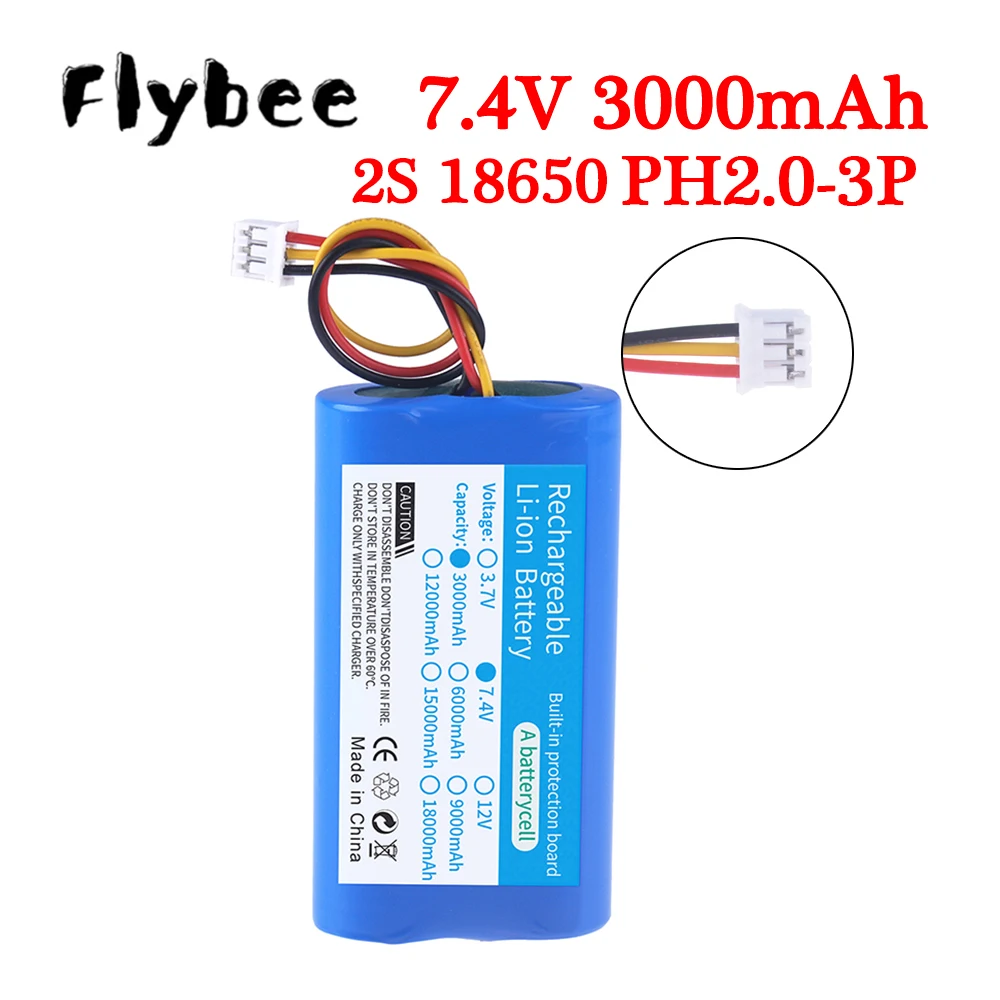 7.4V 3000mAh 3 Wires Battery Pack 18650 7.4V 2S Lithium ion Battery With PH2.0-3P plug For megaphone speaker Small Player