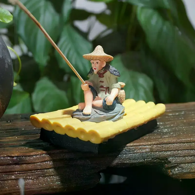 1Pcs Garden Decorative Bamboo Raft Fisherman Statue Elderly Angler PVC Figurine for Pond Aquarium Decor