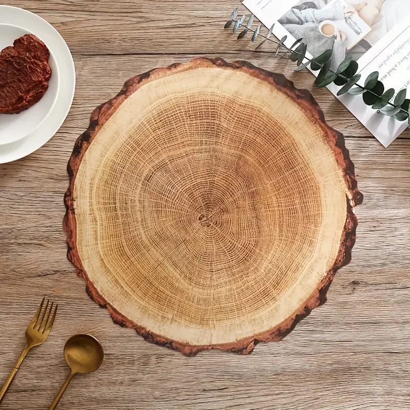 VIKAMA Wood Slice Tree Ring Placemat Natural Brown Log Texture Rustic Wooden Table Mat Round Heat Resistant Dining Decor Soft
