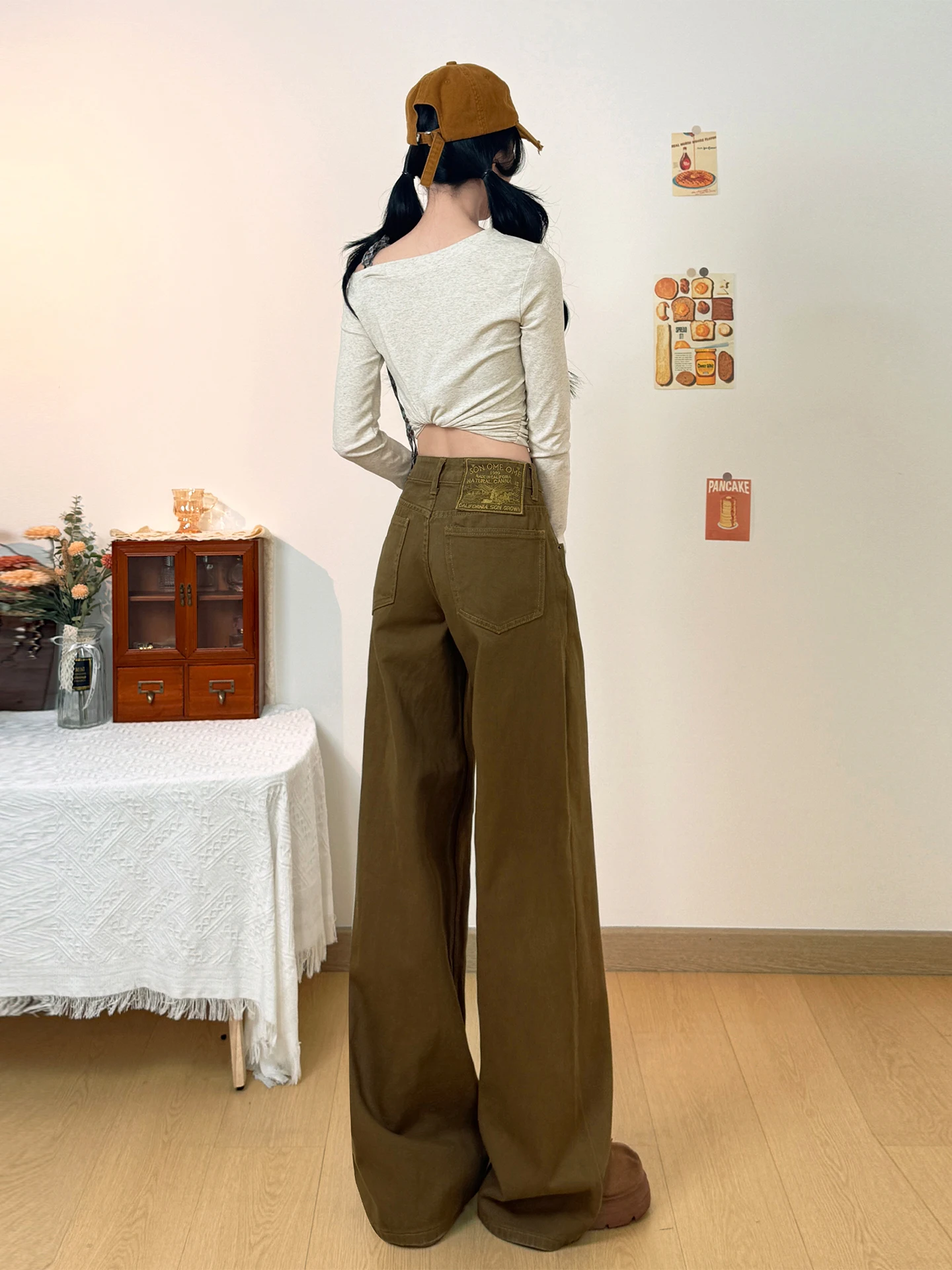 American Style High Waist Wide Leg Jeans Women's Spring Summer Loose Fit Straight Cut Mocha Brown Casual High Waist Jeans