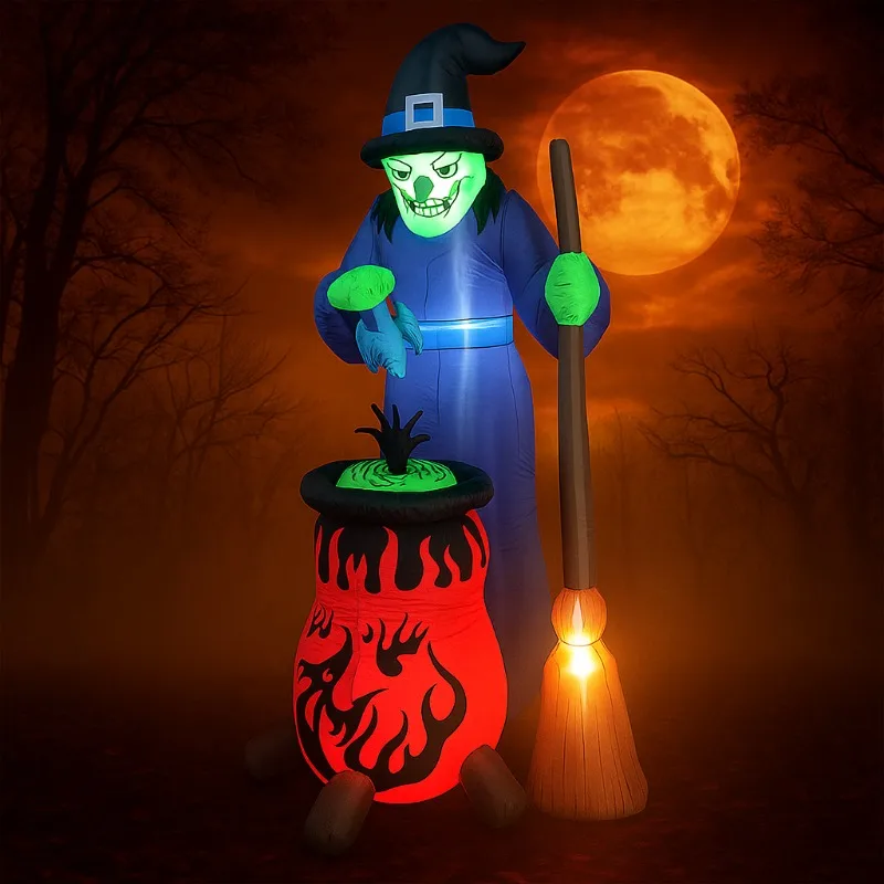 8FT ฮาโลวีน Inflatables ของเล่นตกแต่งกลางแจ้งแม่มดหมุนอัตโนมัติหม้อไฟ LED ในตัว YARD Garden Holiday Decor