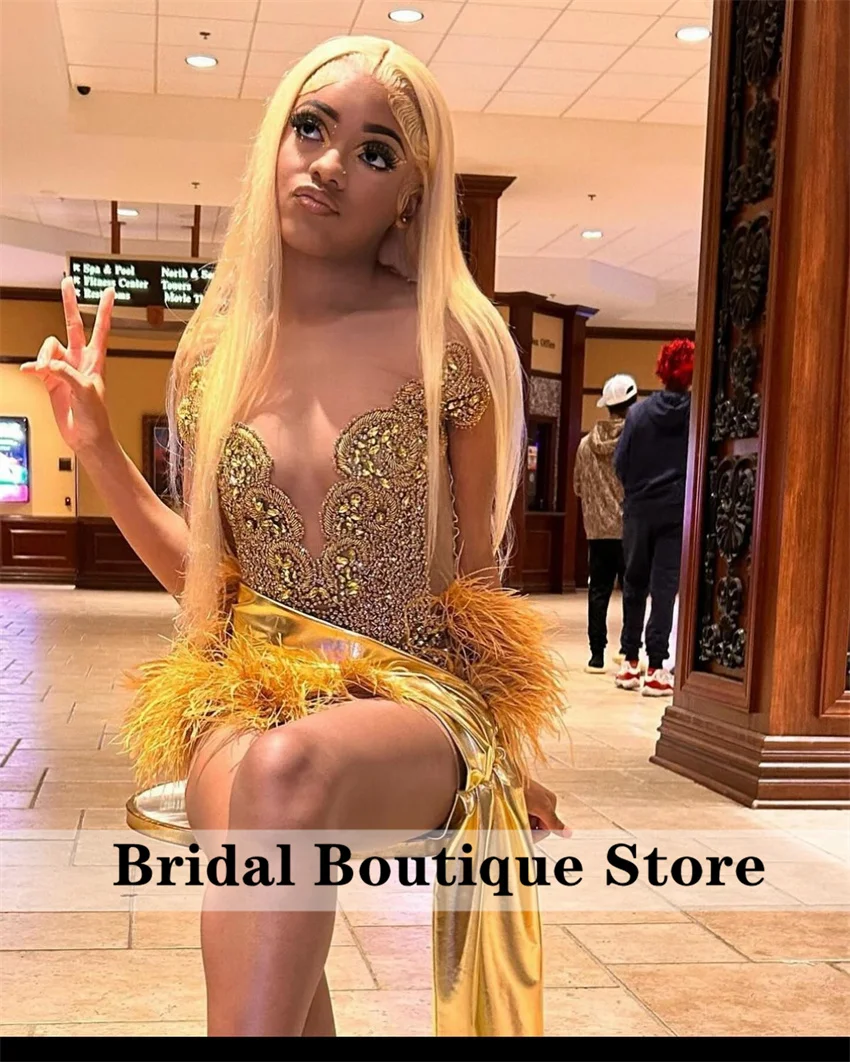 New Design Gold Diamond Prom Dress Luxury Beads Crystal Feathers Birthday Party Cocktail Homecoming Gowns Customized