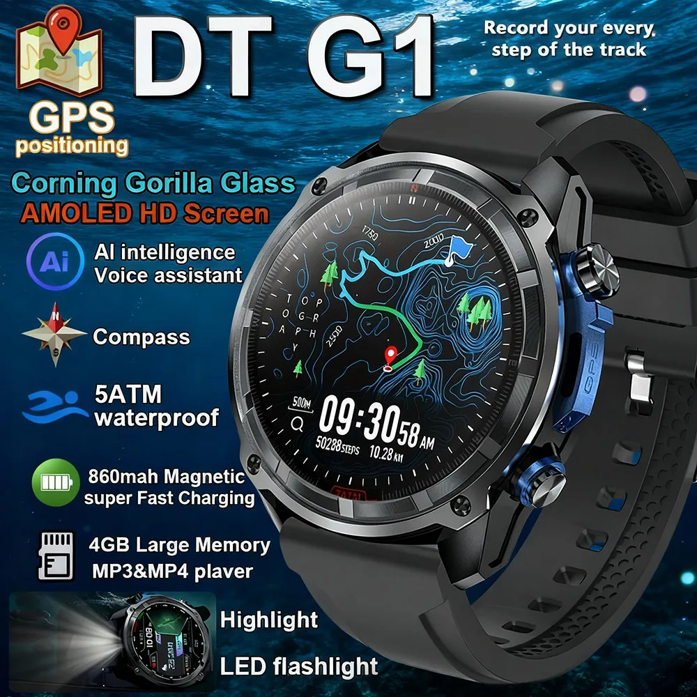 

Смарт-часы 2026 с военной офлайн-картой, 4 ГБ памяти, аккумулятором 1000 мАч, GPS-навигацией, MP3/MP4-плеером, для плавания и спорта, трекер активности
