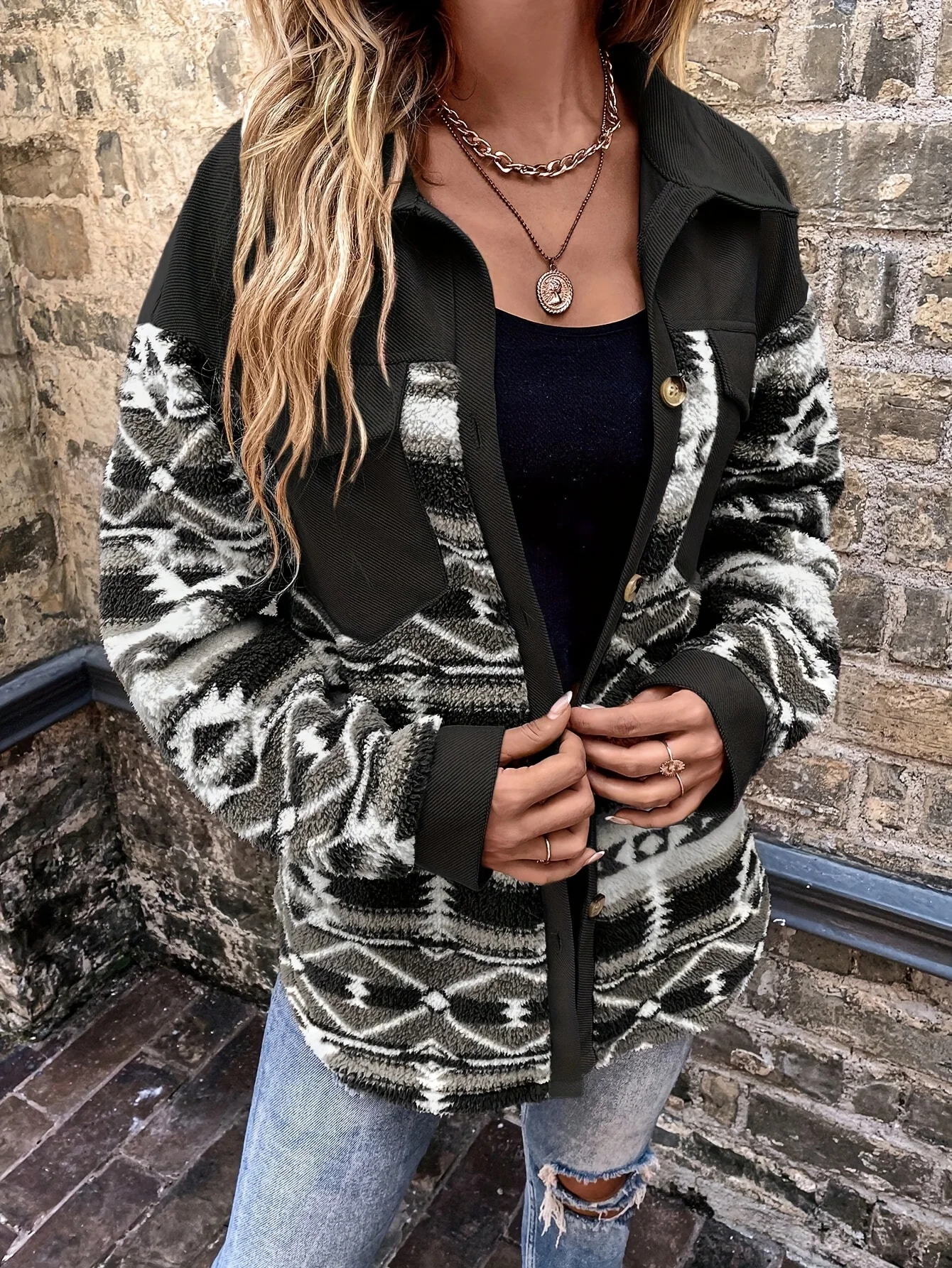 Moda europeia e americana outono e inverno novo casaco de pelúcia lapela bolso temperamento casaco quente mulher