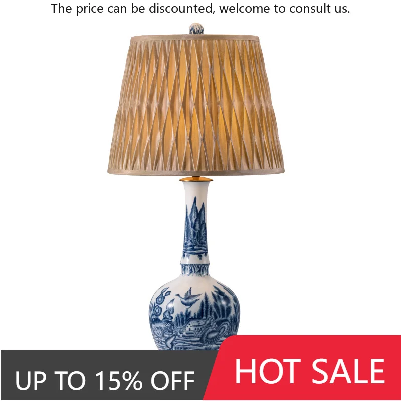 

Hand-painted Blue And White Ceramic With Copper Large Decorative Desk Lamp Living Room Bedroom Study Hotel Desk Lamp