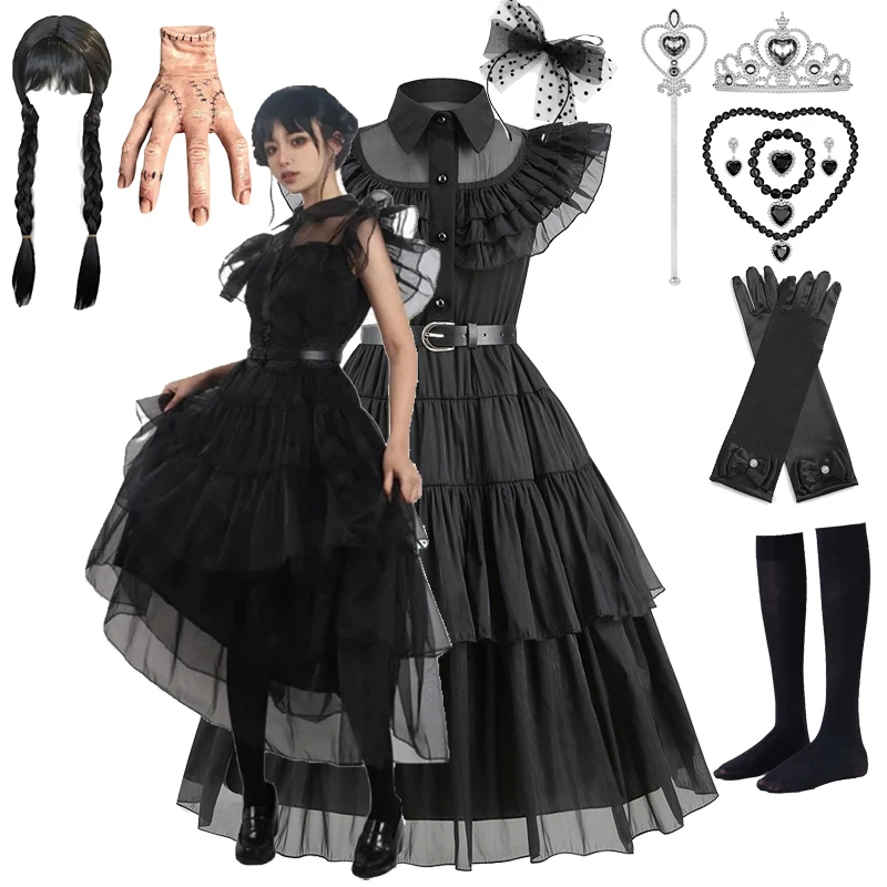 Mercoledì Costume Cosplay Ragazze Abito gotico nero Elegante abito da ballo in chiffon Abiti da ragazza Abiti da ballo per feste di carnevale di Halloween