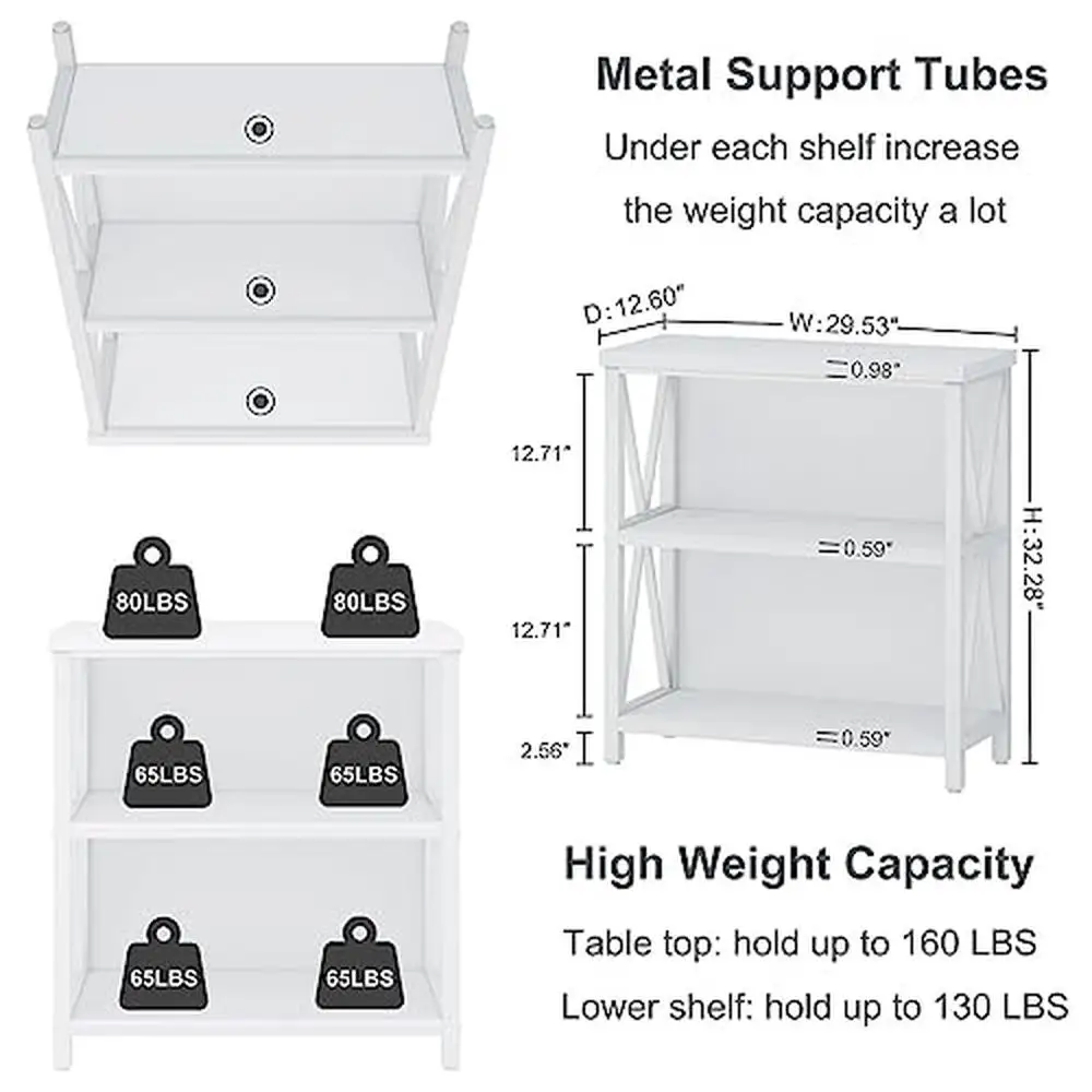 3-Tier Rustic Wood Metal Bookcase Living Entry Bedroom Office Waterproof Tiered Shelf 29.53" Bookshelf White Oak Home Decor