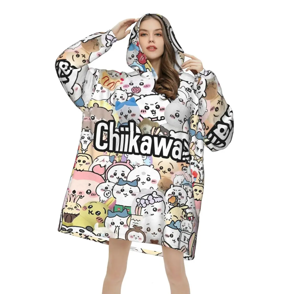 

Rakko Chiikawa Cartoon Blanket Hoodie Wearable Blanket Large with Pocket Warm Sleeping Bag Soft Cozy Onesie