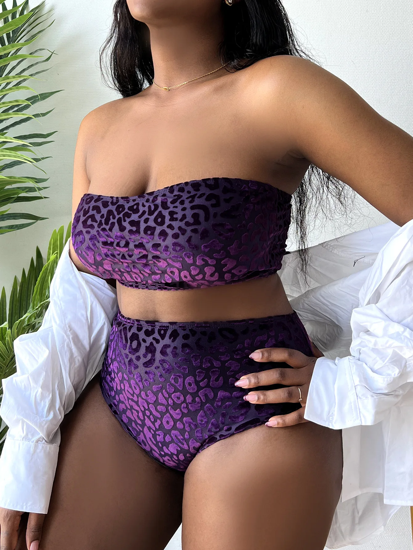 Plus Size Leopard Velvet Bandeau High Waist Bikini Swimwear Women\'s Swimsuit Beachwear Bathing Suits