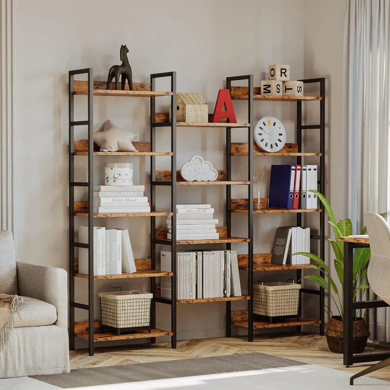 IRONCK Bookcases and Bookshelves Triple Wide 5 Tiers Industrial Bookshelf with Baffles Large Etagere Bookshelf