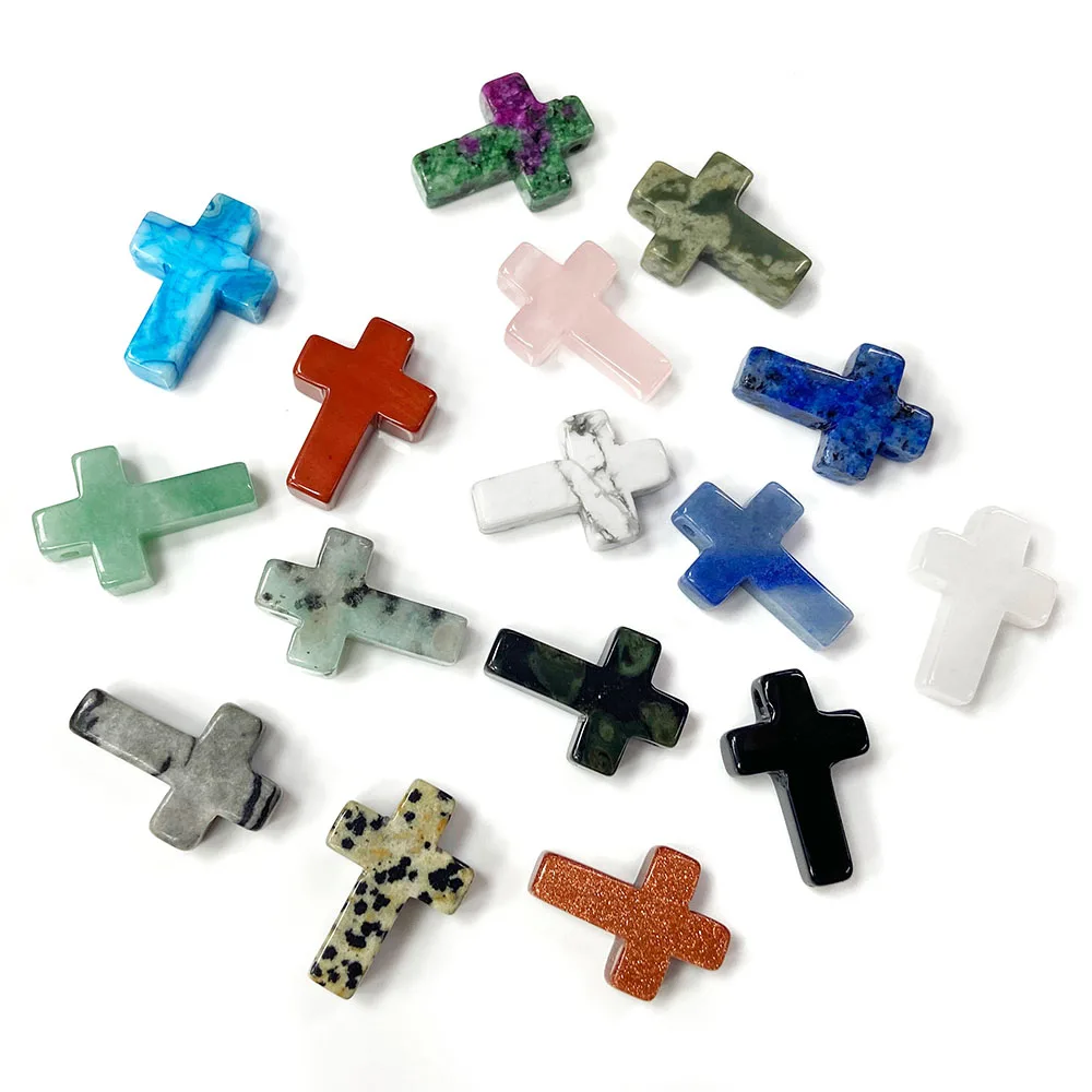 5pcs Cross Shape Natural Stone Loose Beads 18*26mm Top drilling Real Agates Aventurine Howlite Quartz Charms  For Jewelry Making