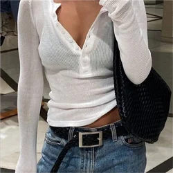 Sexy long sleeve tees harajuku fashion y2k clothes t shirts & blouses women t shirts crop top button up ribbed transparent