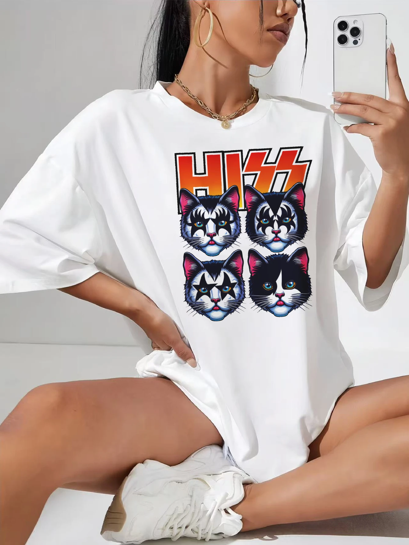 

Белая футболка для беременных Cat Hiss Meowtallica Funny Cute Cat Kitten Love с тонкой боковой рюшами и круглым вырезом, дышащая осень