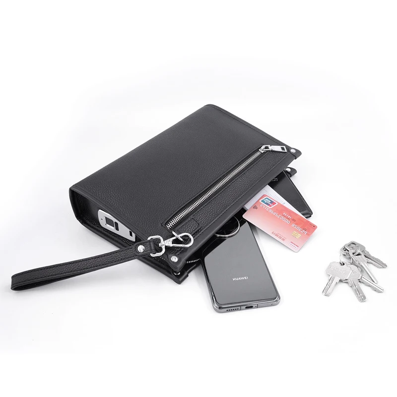 Men's Fingerprint Lock Bags for Men Leather Hand Bag Male Long Money Wallets Mobile Phone Pouch Men Messenger Bag Anti-Theft