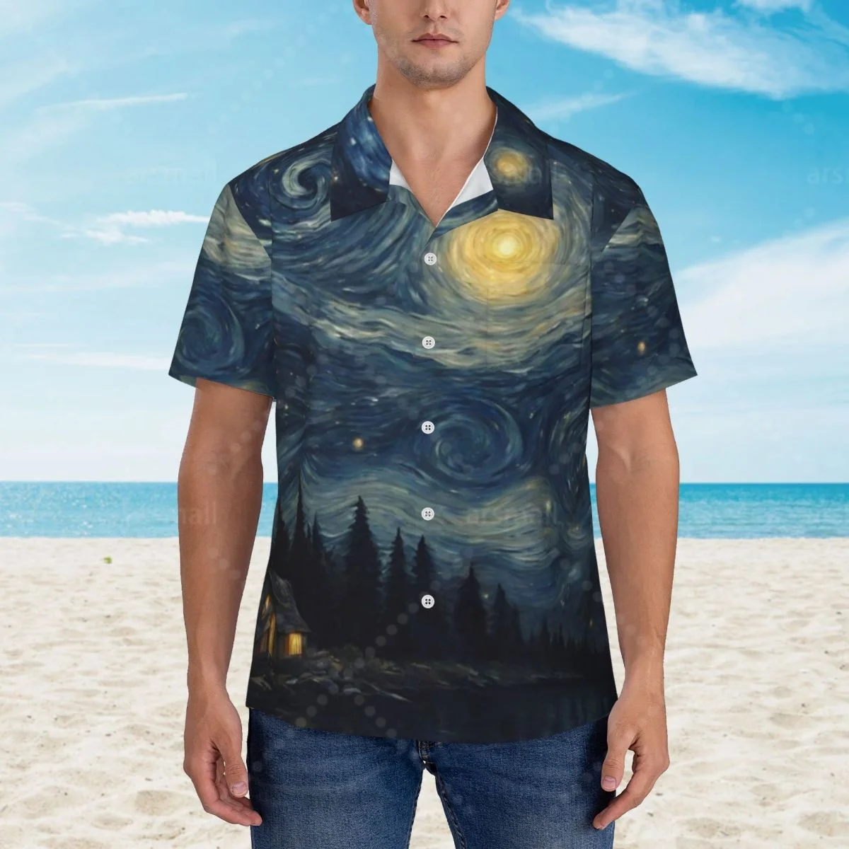 

Van Gogh Blue Starry Sky Hawaiian Shirt Men Short Sleeve Casual Floral Print Beach Shirt Summer Vacation Shirt