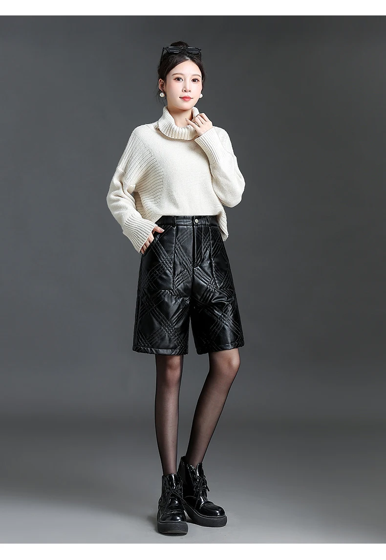 ZUZK Black PU Leather Thick Bermuda Shorts For Women Winter Warm Long Shorts Motorcycle Punk High Waist Bermuda Femme