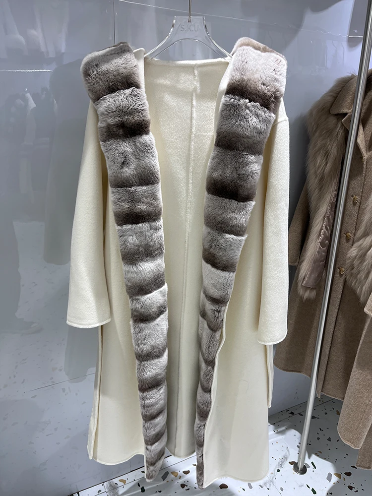 Nuovo arrivo inverno femminile vera pelliccia cappuccio cappotto naturale pelliccia di coniglio Rex lana misto lana spessa calda tuta sportiva lunga cintura casual