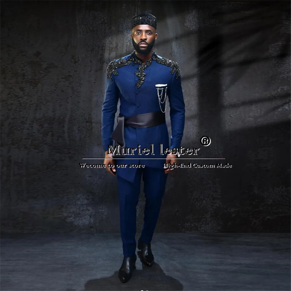 Black Diamond Jewelry Appliques Suits Men For Wedding Unique Design Groom Tuxedo Custom Made Male Fashion Business Dinner Dress