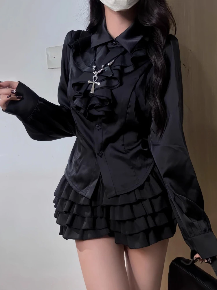 Autumn 2026 New Designer Court Style Puff Sleeves Black Two-piece Set Women Preppy Style Slim Cake Short Skirt Suit Female