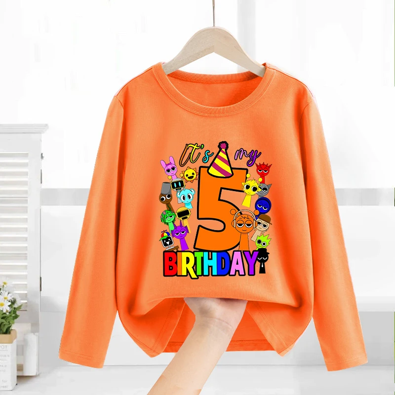 

Sprunki Children Birthday T Shirt Number Long Sleeve Tops Autumn Kids Cotton Pullover Cartoon Print Tee Anime Girl Boy Clothes