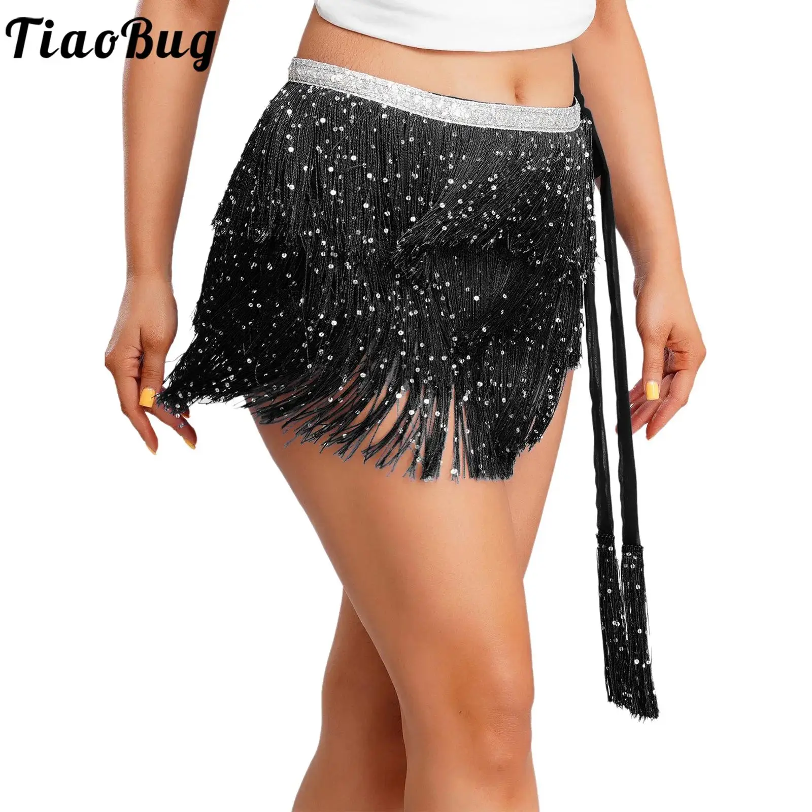

Women Shiny Sequin Tiered Tassel Belly Dance Hip Scarf Waist Chain Lace-up Waist Skirt Hip Wrap Dance Costume for Dancing Party