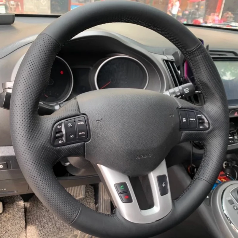 Custom Hand-stitched Black Genuine Leather Car Steering Wheel Cover For Kia Sportage 3 2011-2014 Kia Ceed Cee'd 2010-2012